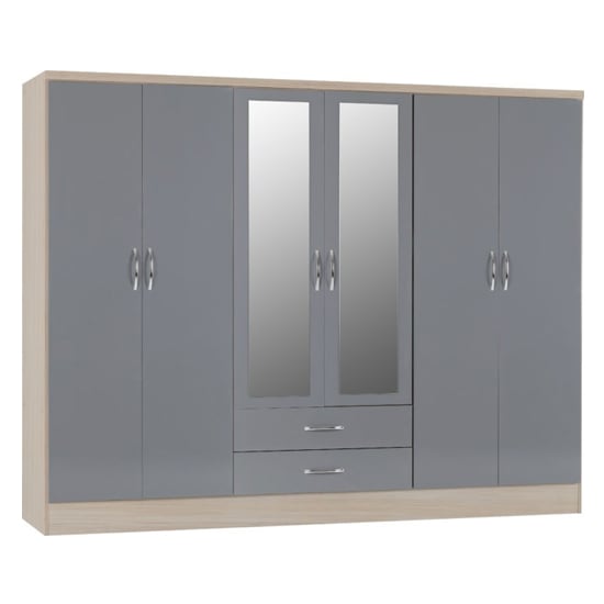 CHOICEWARDROBE 6-door grey gloss hinged wardrobe with central mirrored panels and two drawers.