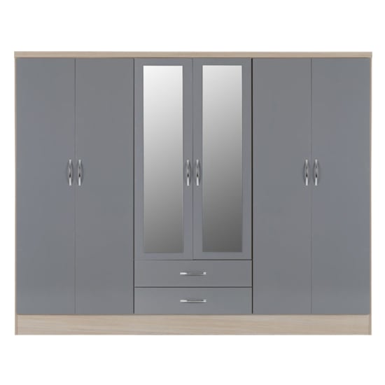 CHOICEWARDROBE 6-door grey gloss hinged wardrobe with central mirrored doors and two drawers.