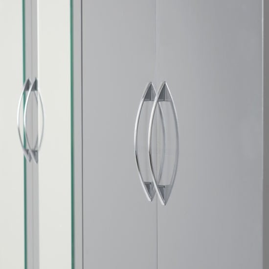 CHOICEWARDROBE 6-door grey gloss hinged wardrobe with mirrored doors and oval silver handles.