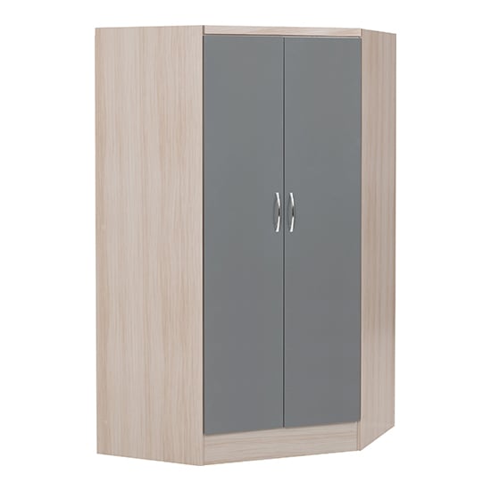 Two-door corner wardrobe with grey high gloss front and light oak frame