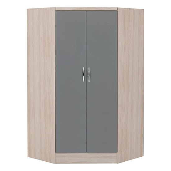 CHOICEWARDROBE Modara grey gloss corner wardrobe with light oak frame, front view, two doors.