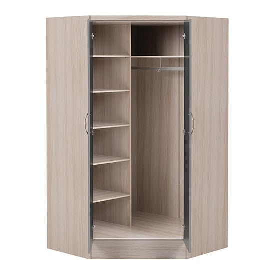ChoiceWardrobe two-door corner wardrobe interior with hanging rail and shelves, light oak frame, grey gloss front