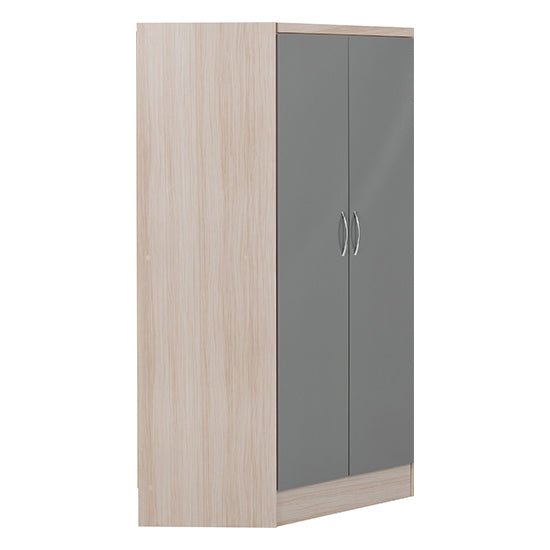Two-door corner wardrobe, grey gloss doors, light oak frame, space-saving design