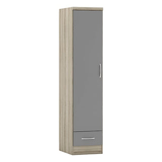 The CHOICEWARDROBE Modara Grey & Light Oak 1 Door Wardrobe is a tall, slim 40 cm storage cabinet with a grey gloss door, silver handle, and matching bottom drawer.