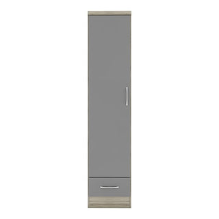 The CHOICEWARDROBE Modara Grey & Light Oak 1 Door Wardrobe with Drawer is a 40 cm slim storage cabinet, featuring a gray door, silver handle, single bottom drawer, and stylish oak-toned top and bottom trim.