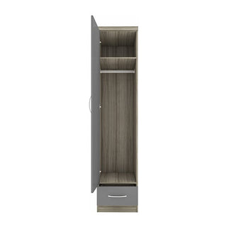 The CHOICEWARDROBE Modara Grey & Light Oak 1 Door Wardrobe with Drawer is a 40 cm slim storage cabinet featuring a top shelf, hanging space, and bottom drawer. Shown here open and empty against a white background.