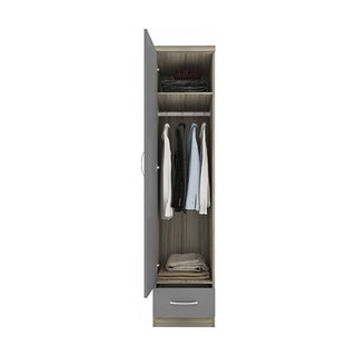 The CHOICEWARDROBE Modara Grey & Light Oak 1 Door Wardrobe (40 cm slim cabinet) stands open, revealing folded clothes on the top shelf, shirts hanging on a rail, and more items neatly stacked above its closed drawer.