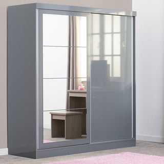 The CHOICEWARDROBE Modara Grey Sliding Wardrobe features 2 doors—one mirrored with horizontal dividers, one solid grey—in a 178.5 cm wide, high gloss modern design, offering stylish practicality and space-saving storage for any room.