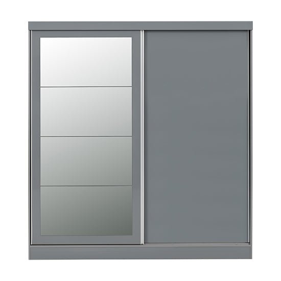 Grey two-door sliding wardrobe with a mirrored panel on one door.