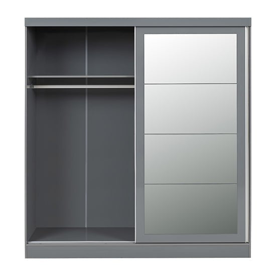 Grey sliding wardrobe with one mirrored door and an open compartment with hanging rail.