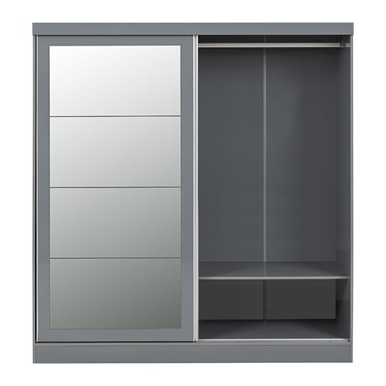 Modara Grey 2-door sliding wardrobe with mirrored left door and open right interior.