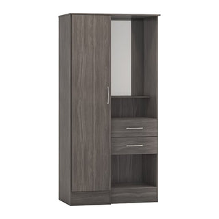 The CHOICEWARDROBE Modara Grey Wood Grain Vanity Wardrobe features a modern design with 1 left-side door, a vertical mirror, metal handle, 2 central drawers, and open shelves above and below the drawers.