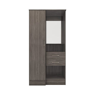 The CHOICEWARDROBE Modara Grey Wood Grain Vanity Wardrobe features a tall left door, a rectangular mirror with open storage and two drawers on the right, all in a sleek modern design.