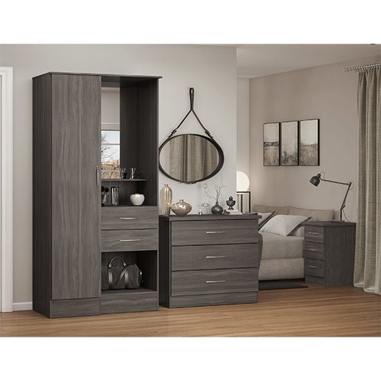 CHOICEWARDROBE Modara grey wood grain vanity wardrobe: 1 door, integrated mirror, 2 drawers, open storage.