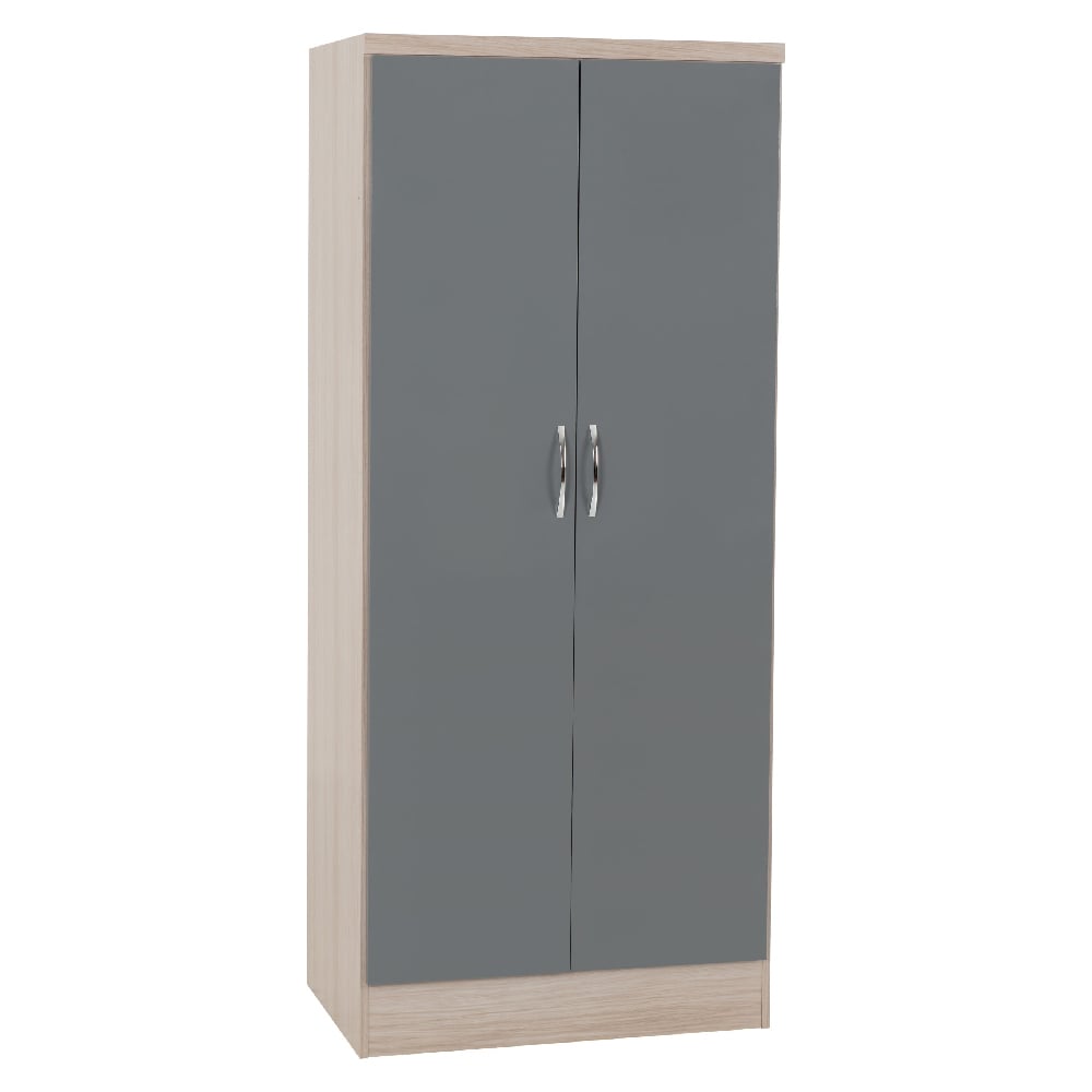 CHOICEWARDROBE Modara 2-door wardrobe with light oak frame and grey high gloss doors, featuring silver handles.