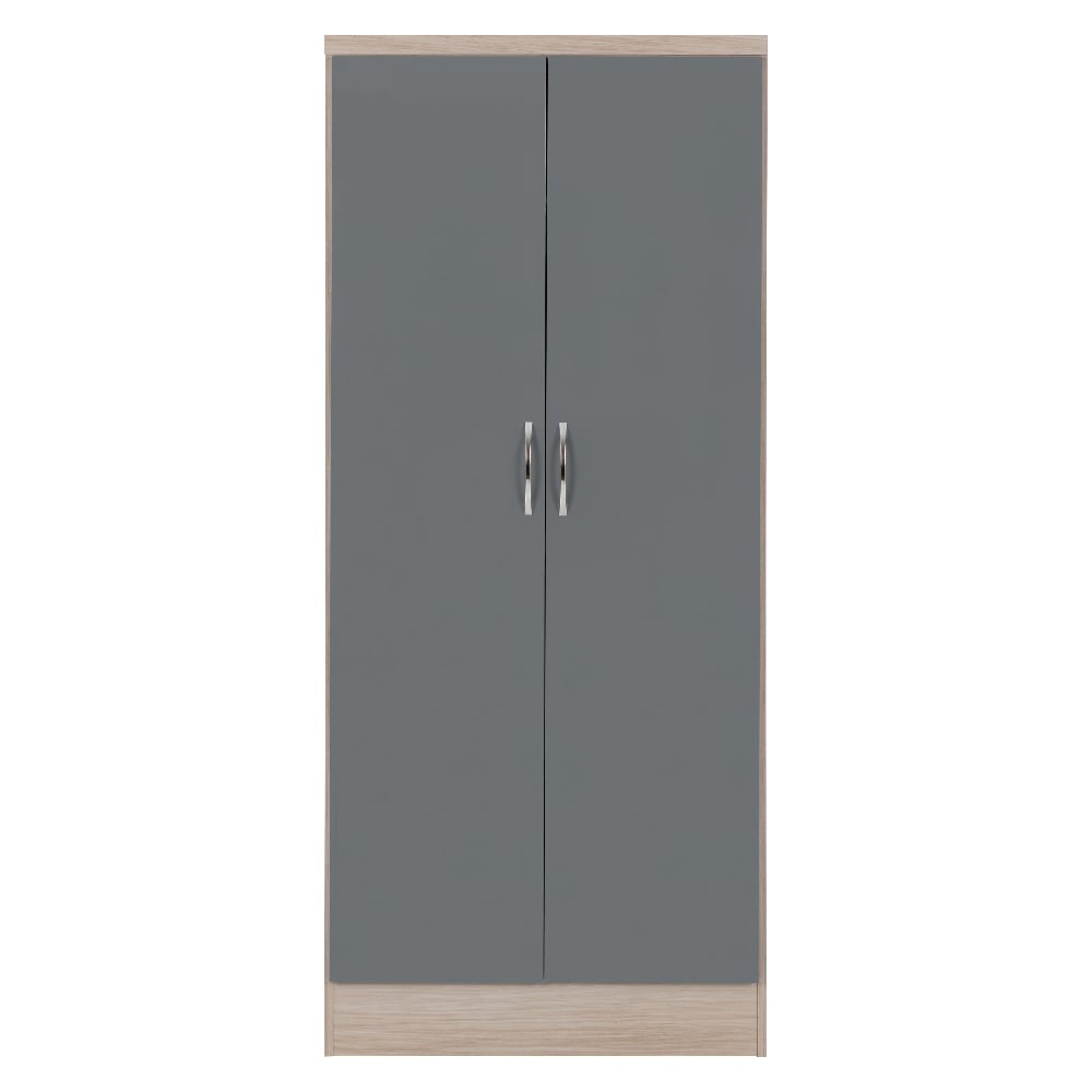 CHOICEWARDROBE Modara 78cm 2-door wardrobe: grey gloss front, light oak frame, silver handles.