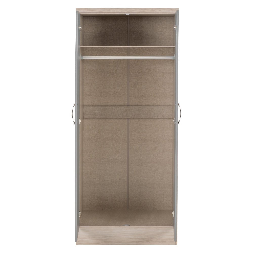 CHOICEWARDROBE Modara 2-door wardrobe in light oak with grey high gloss doors, showing hanging rail and shelf.