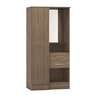 The CHOICEWARDROBE Modara Rustic Oak 1 Door 2 Drawer Wardrobe offers versatile bedroom storage with a mirrored right side, gold-handled drawers, and open shelves above and below—perfect as a compact vanity solution.