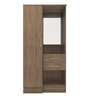 The CHOICEWARDROBE Modara Rustic Oak 1 Door 2 Drawer Wardrobe with Mirror & Shelves offers compact vanity storage, featuring a medium brown finish, mirrored center, gold-handled drawers, and a single left door for stylish bedroom organization.