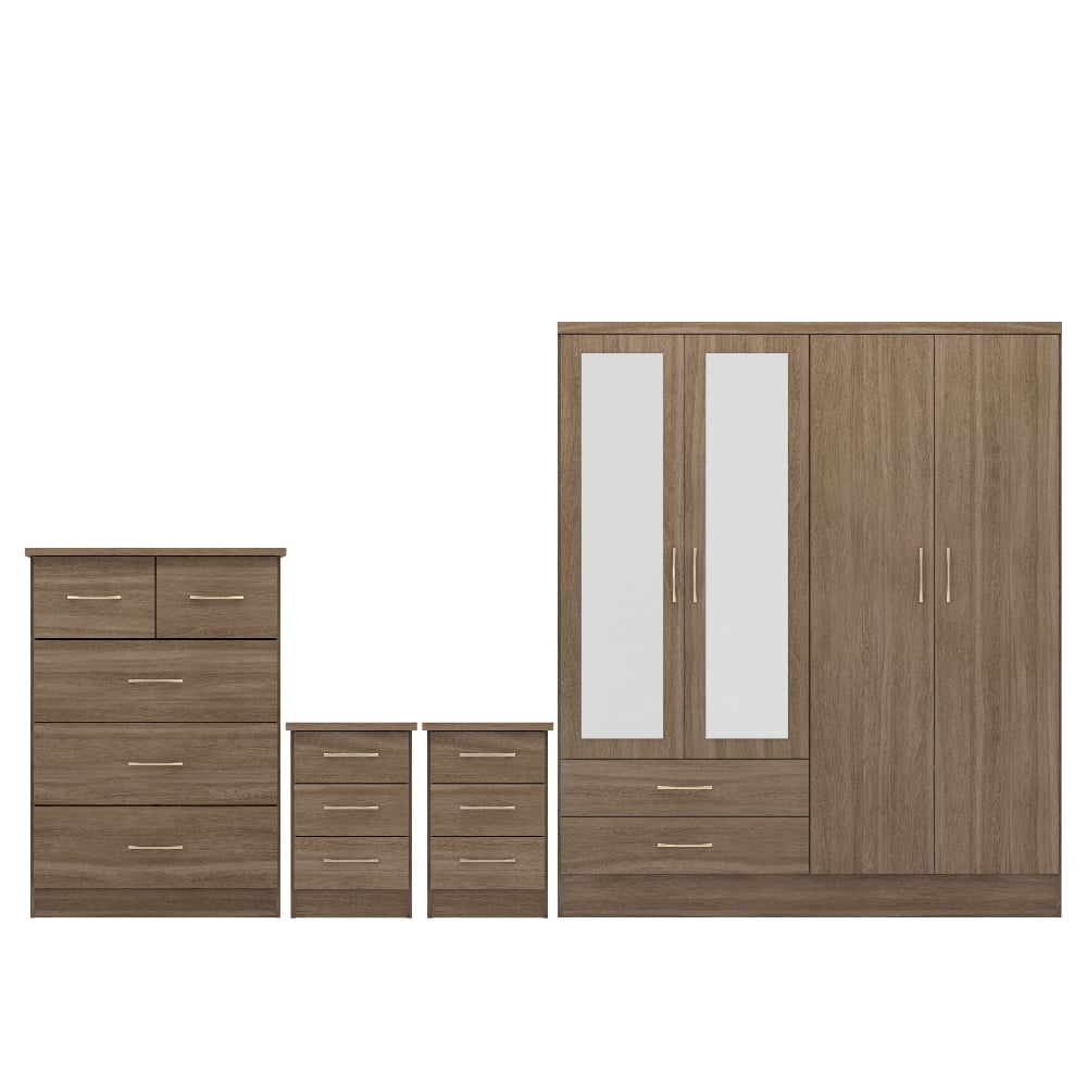 CHOICEWARDROBE 3 door mirrored wardrobe with rustic oak finish, chest of drawers, and bedside tables.