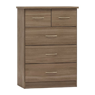 The CHOICEWARDROBE Modara Rustic Oak Bedroom Furniture Set includes a chest of drawers with a light brown finish, featuring five drawers—two small at the top and three large below—all with metal handles.