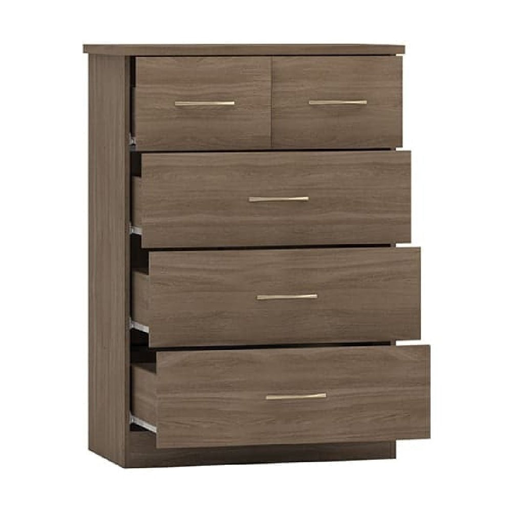 CHOICEWARDROBE Modara Rustic Oak 5-drawer chest of drawers with gold handles, partially open