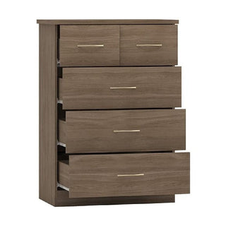 The CHOICEWARDROBE Modara Rustic Oak Bedroom Furniture Set includes a 5-drawer chest with two small top drawers and three larger lower ones, all partially open, featuring a light brown wood finish and simple horizontal handles.