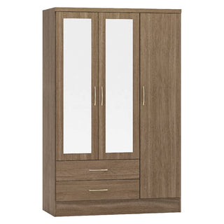The CHOICEWARDROBE Modara Rustic Oak Bedroom Furniture Set includes a 3-door mirrored wardrobe with metallic handles, two bottom drawers, and a medium brown wood grain finish. Also comes with a chest of drawers and bedside tables.