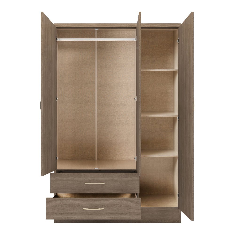 CHOICEWARDROBE 3-door rustic oak wardrobe interior view with hanging rail, shelves, and two drawers.
