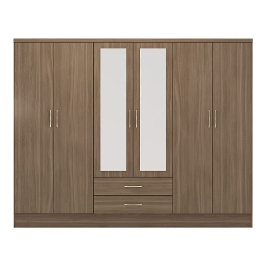 CHOICEWARDROBE Modara Rustic Oak Effect 6-door wardrobe with 2 central drawers and mirrored centre panels.