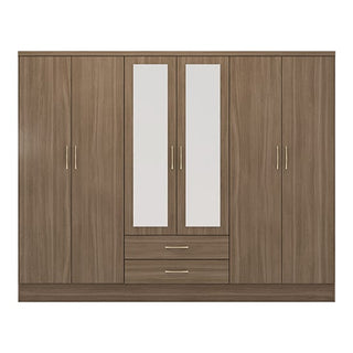 The CHOICEWARDROBE Modara Rustic Oak Effect Mirrored Wardrobe has 6 doors, 2 central drawers, mirrored middle doors, and metal handles in a light brown wood grain finish for a spacious full storage suite.