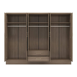 The CHOICEWARDROBE Modara Rustic Oak Effect Mirrored Wardrobe features 6 doors, 2 drawers, and a full storage suite with shelves and hanging rods, all in a warm brown oak finish for an inviting look.