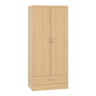 The CHOICEWARDROBE Modara Sonoma Oak 2 Door 1 Drawer Wardrobe (74cm) offers slimline bedroom storage with two vertical doors, silver handles, and a lower drawer—perfect for a stylish and organized space.