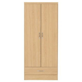 The CHOICEWARDROBE Modara Sonoma Oak 2 Door 1 Drawer Wardrobe features a slimline 74cm design, light wood finish, silver handles, and a wide bottom drawer for stylish bedroom storage.