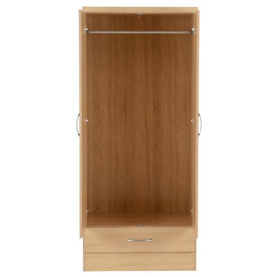 Sonoma Oak 2 door 1 drawer wardrobe open interior with hanging rail and drawer.