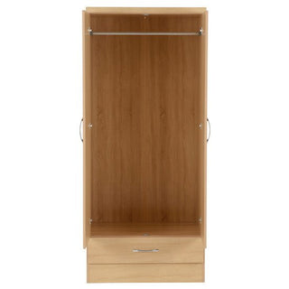 The CHOICEWARDROBE Modara Sonoma Oak 2 Door 1 Drawer Wardrobe (74cm) opens to reveal an empty space with a top hanging rod, a bottom closed drawer, and sleek metal handles—ideal slimline storage for your bedroom.