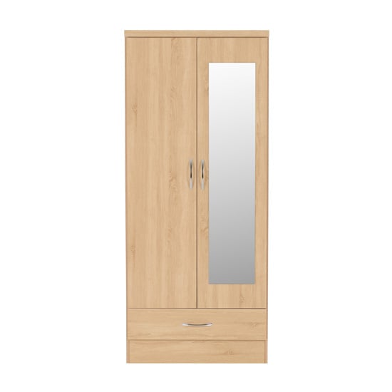 Sonoma oak effect wardrobe with two doors and one drawer, featuring a full-length mirror.
