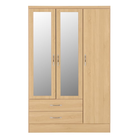 Sonoma Oak 3-door wardrobe with two mirrored front panels and two bottom drawers, featuring silver handles.
