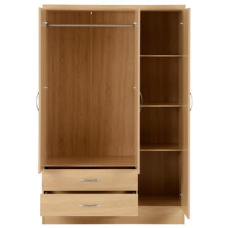 The CHOICEWARDROBE Modara Sonoma Oak Mirrored Wardrobe features three doors, two drawers, a light wood finish, and metal handles—perfect modern bedroom storage for a UK home.