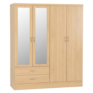 The CHOICEWARDROBE Modara Sonoma Oak Wardrobe offers 4 doors, including mirrored panels, 2 drawers with silver handles, and a light wood finish—creating modern bedroom storage in a stylish design.