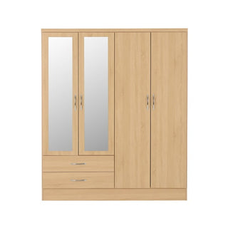 The CHOICEWARDROBE Modara Sonoma Oak Mirrored Wardrobe features 4 doors, including full-length mirrors, and 2 drawers for modern bedroom storage.