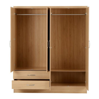 The CHOICEWARDROBE Modara Sonoma Oak Mirrored Wardrobe offers 4 doors, 2 drawers, and modern storage. Each section includes a hanging rod; the left has two bottom drawers (one open), the right features a shelf—ideal bedroom organization.