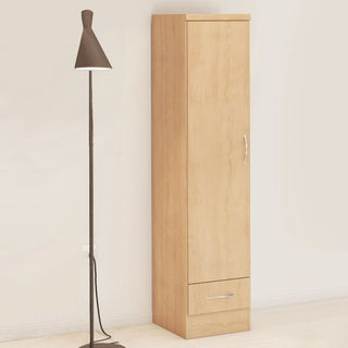 The CHOICEWARDROBE Modara Sonoma Oak Slim Wardrobe, featuring 1 door and a bottom drawer for compact storage, stands beside a black cone-shade floor lamp against an off-white wall—ideal for maximizing space.