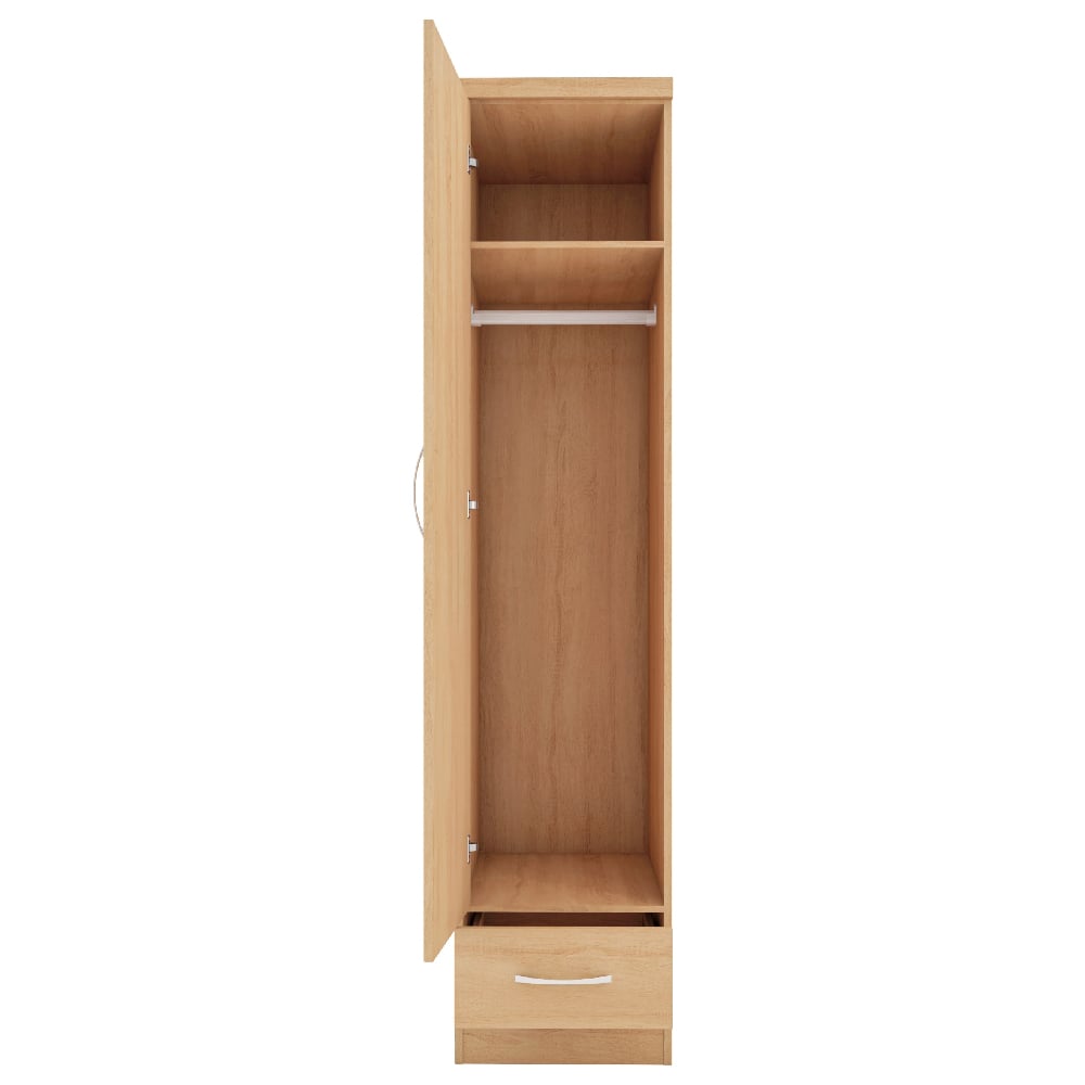 Slim wardrobe with open door, Sonoma Oak finish, showing hanging rail, shelves and drawer.