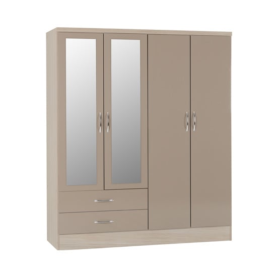 Taupe gloss 4 door wardrobe with 2 mirrored doors and 2 drawers
