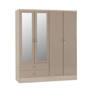 ChoiceWardrobe Modara Taupe Gloss 4 Door Wardrobe with Mirror and 2 Drawers – Modern Bedroom Storage Design