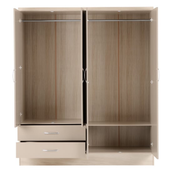 CHOICEWARDROBE Modara taupe gloss wardrobe interior: 4 doors, 2 drawers, hanging rails, oak detailing.