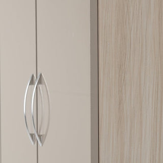 Close-up of metal handles on ChoiceWardrobe Modara Taupe Gloss 4 Door Wardrobe for modern bedroom look