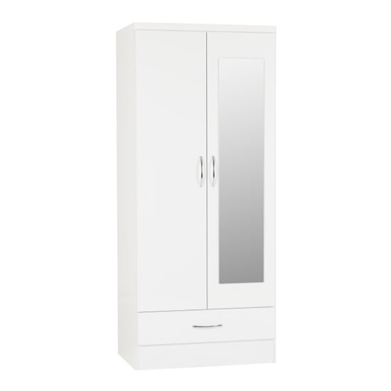 White 2 door 1 drawer wardrobe with a full-length mirrored door