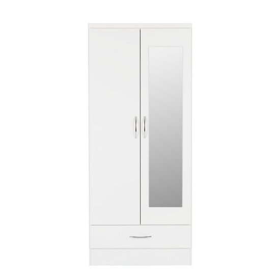 White 2-door wardrobe with full-length mirror and single drawer below.
